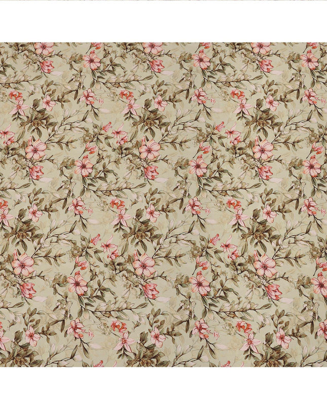 Beige Floral Printed Premium Pure Silk Crepe Fabric with Delicate Botanical Design, 110 cms Width, Made in India-D26316