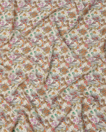 Ivory Multicolor Floral Printed Premium Pure Silk Crepe Fabric with Abstract Botanical Design, 110 cms Width, Made in India-D26322