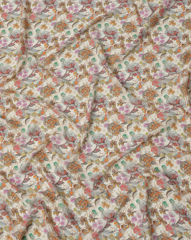 Ivory Multicolor Floral Printed Premium Pure Silk Crepe Fabric with Abstract Botanical Design, 110 cms Width, Made in India-D26322
