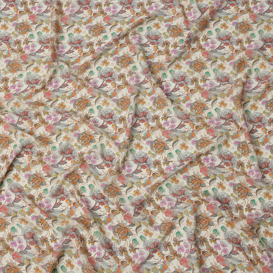 Ivory Multicolor Floral Printed Premium Pure Silk Crepe Fabric with Abstract Botanical Design, 110 cms Width, Made in India-D26322