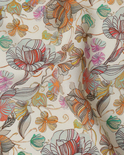 Ivory Multicolor Floral Printed Premium Pure Silk Crepe Fabric with Abstract Botanical Design, 110 cms Width, Made in India-D26322