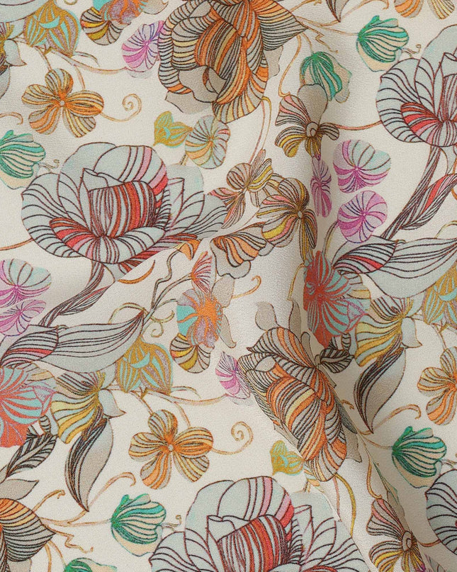 Ivory Multicolor Floral Printed Premium Pure Silk Crepe Fabric with Abstract Botanical Design, 110 cms Width, Made in India-D26322