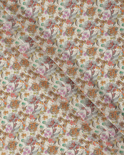 Ivory Multicolor Floral Printed Premium Pure Silk Crepe Fabric with Abstract Botanical Design, 110 cms Width, Made in India-D26322