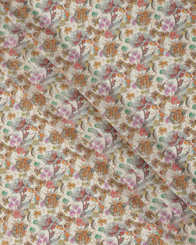 Ivory Multicolor Floral Printed Premium Pure Silk Crepe Fabric with Abstract Botanical Design, 110 cms Width, Made in India-D26322
