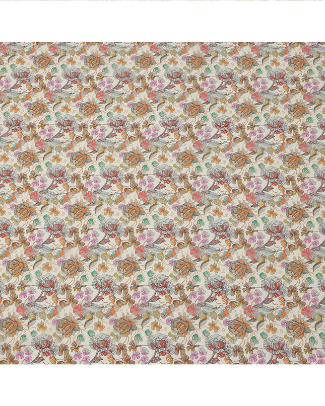 Ivory Multicolor Floral Printed Premium Pure Silk Crepe Fabric with Abstract Botanical Design, 110 cms Width, Made in India-D26322