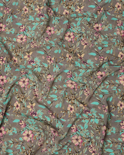Grey Floral Printed Premium Pure Silk Crepe Fabric with Multicolor Botanical Design, 110 cms Width, Made in India-D26317
