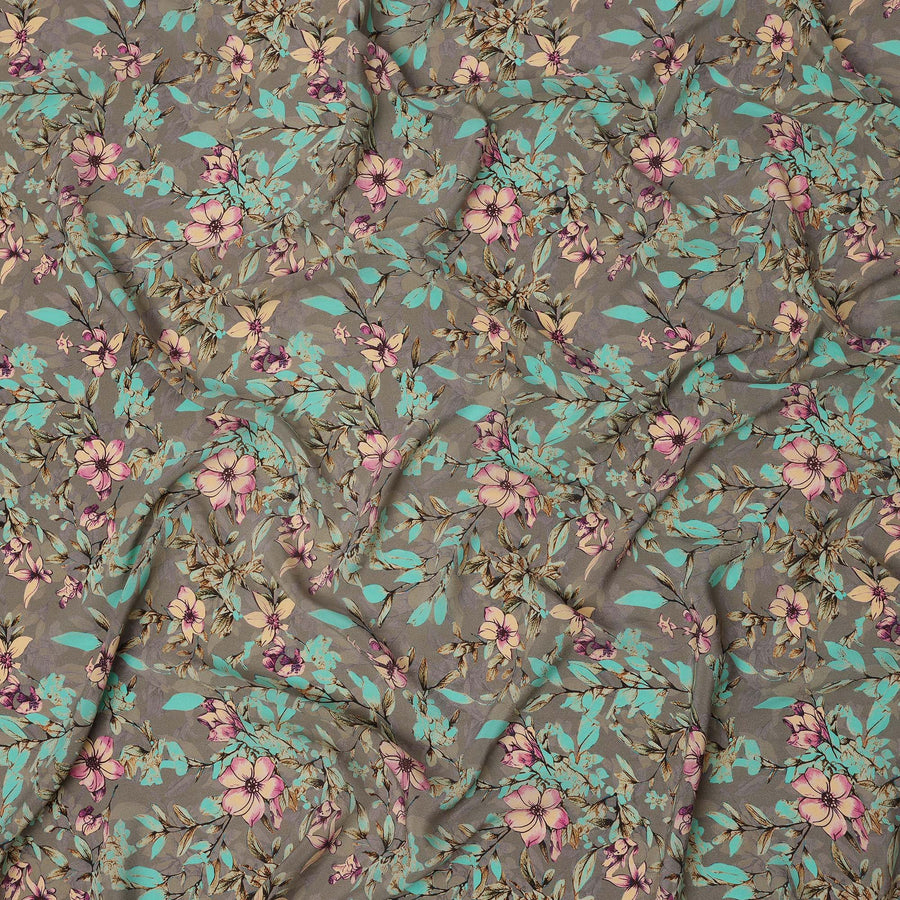 Grey Floral Printed Premium Pure Silk Crepe Fabric with Multicolor Botanical Design, 110 cms Width, Made in India-D26317