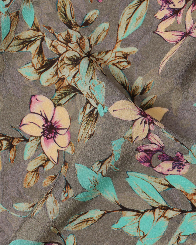 Grey Floral Printed Premium Pure Silk Crepe Fabric with Multicolor Botanical Design, 110 cms Width, Made in India-D26317