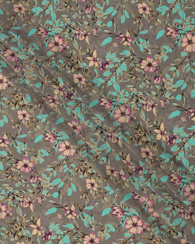 Grey Floral Printed Premium Pure Silk Crepe Fabric with Multicolor Botanical Design, 110 cms Width, Made in India-D26317