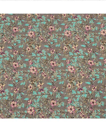 Grey Floral Printed Premium Pure Silk Crepe Fabric with Multicolor Botanical Design, 110 cms Width, Made in India-D26317