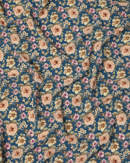 Teal Blue Vintage Floral Allover Print Premium Silk Crepe Fabric, 110 Cms, India-D26884
