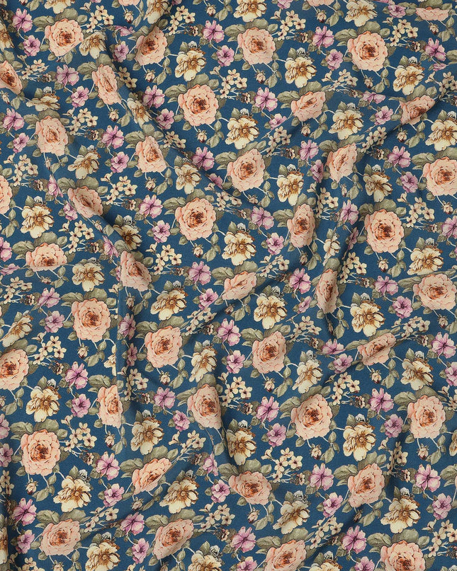 Teal Blue Vintage Floral Allover Print Premium Silk Crepe Fabric, 110 Cms, India-D26884