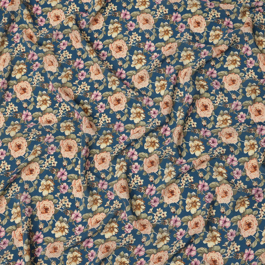 Teal Blue Vintage Floral Allover Print Premium Silk Crepe Fabric, 110 Cms, India-D26884