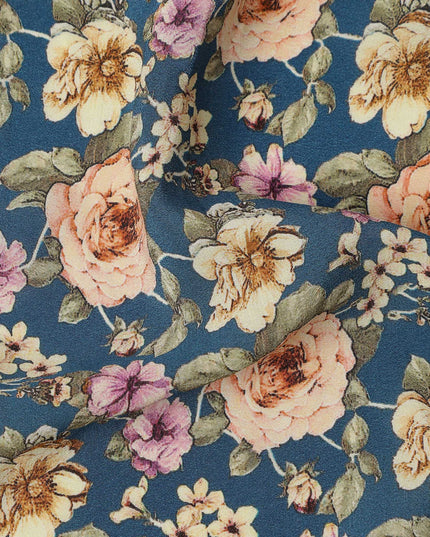 Teal Blue Vintage Floral Allover Print Premium Silk Crepe Fabric, 110 Cms, India-D26884