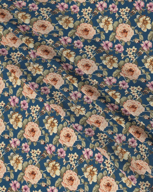 Teal Blue Vintage Floral Allover Print Premium Silk Crepe Fabric, 110 Cms, India-D26884