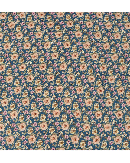 Teal Blue Vintage Floral Allover Print Premium Silk Crepe Fabric, 110 Cms, India-D26884
