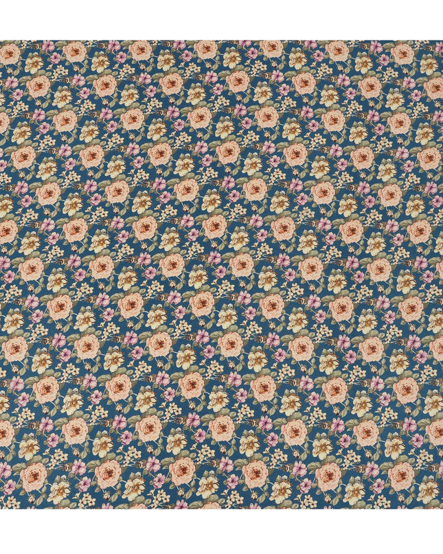 Teal Blue Vintage Floral Allover Print Premium Silk Crepe Fabric, 110 Cms, India-D26884