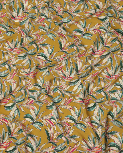 Mustard Yellow Tropical Leaf Allover Print Premium Silk Crepe Fabric, 110 Cms, India-D26882