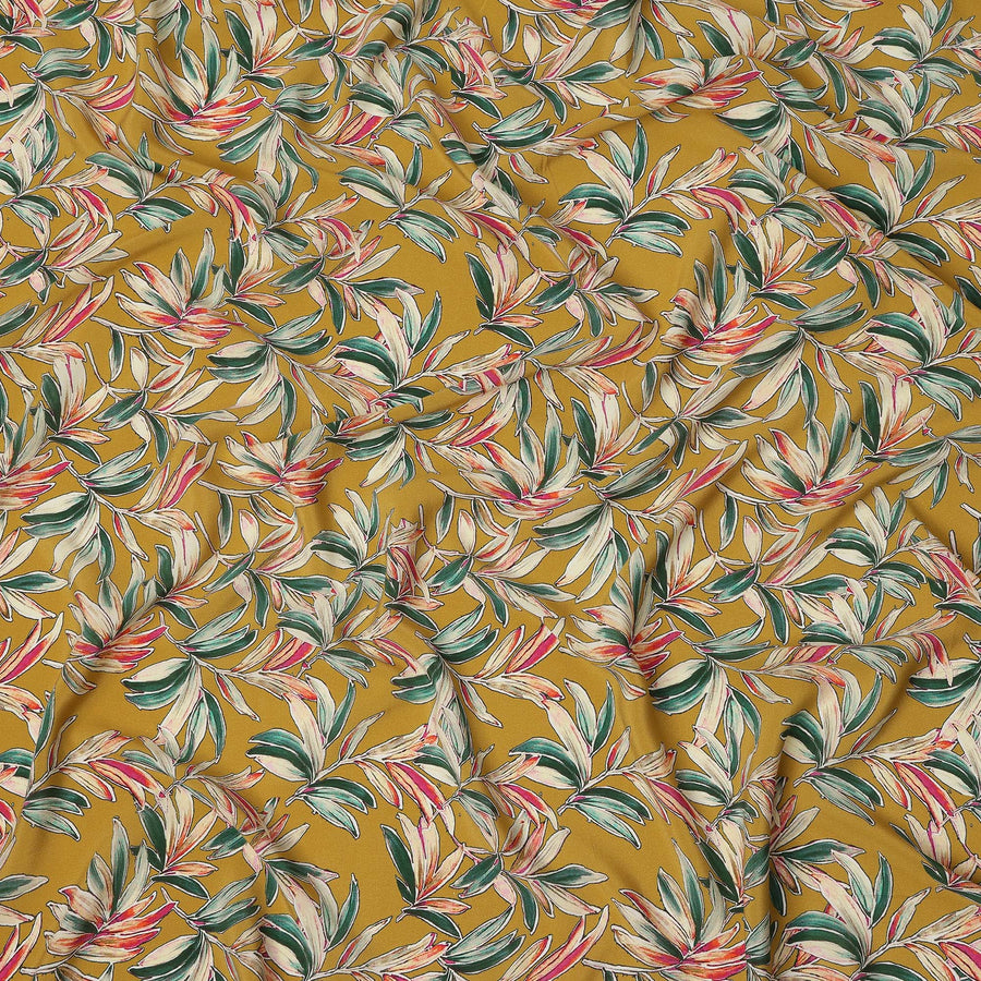 Mustard Yellow Tropical Leaf Allover Print Premium Silk Crepe Fabric, 110 Cms, India-D26882