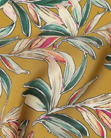 Mustard Yellow Tropical Leaf Allover Print Premium Silk Crepe Fabric, 110 Cms, India-D26882