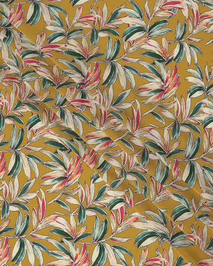 Mustard Yellow Tropical Leaf Allover Print Premium Silk Crepe Fabric, 110 Cms, India-D26882