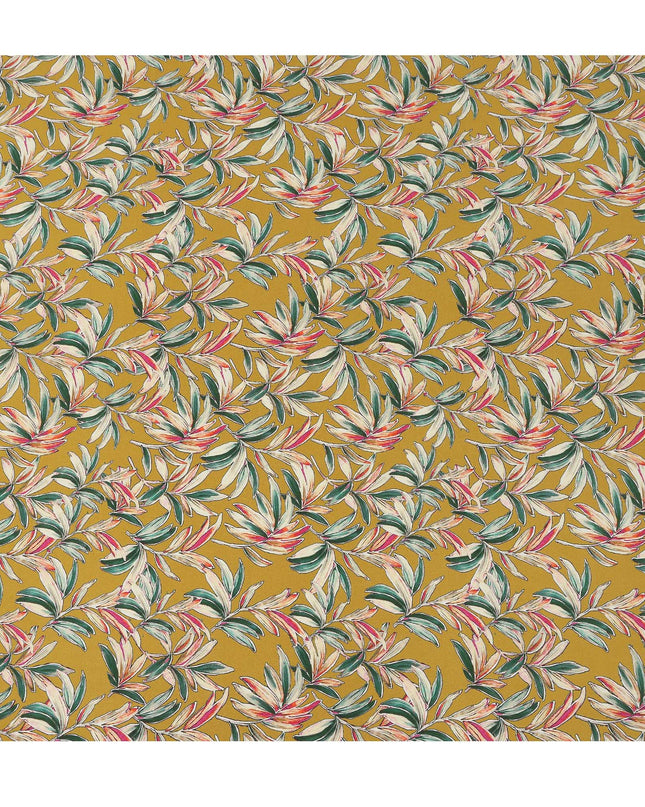 Mustard Yellow Tropical Leaf Allover Print Premium Silk Crepe Fabric, 110 Cms, India-D26882