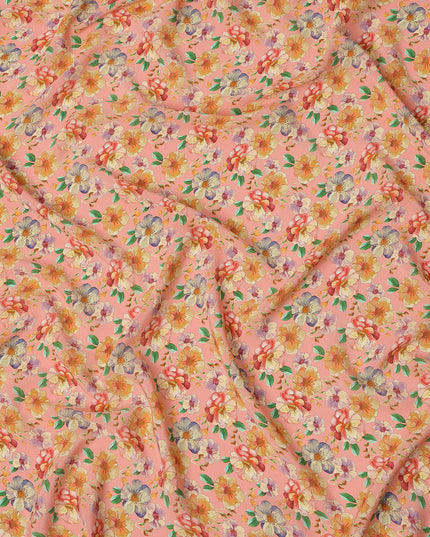 Peach Pink Floral Allover Print Premium Silk Crepe Fabric, 110 Cms, India-D26879