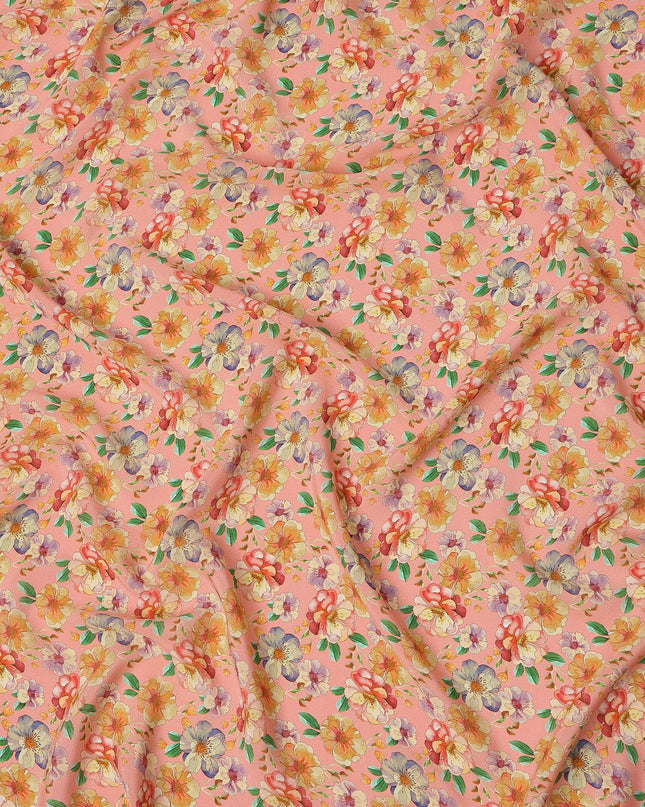 Peach Pink Floral Allover Print Premium Silk Crepe Fabric, 110 Cms, India-D26879