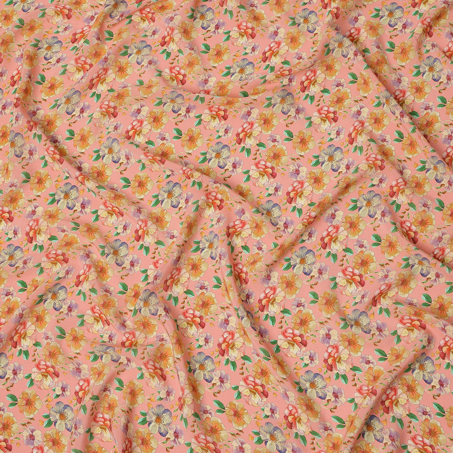 Peach Pink Floral Allover Print Premium Silk Crepe Fabric, 110 Cms, India-D26879