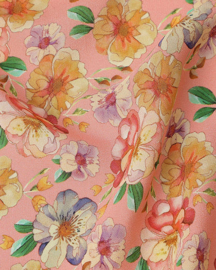 Peach Pink Floral Allover Print Premium Silk Crepe Fabric, 110 Cms, India-D26879