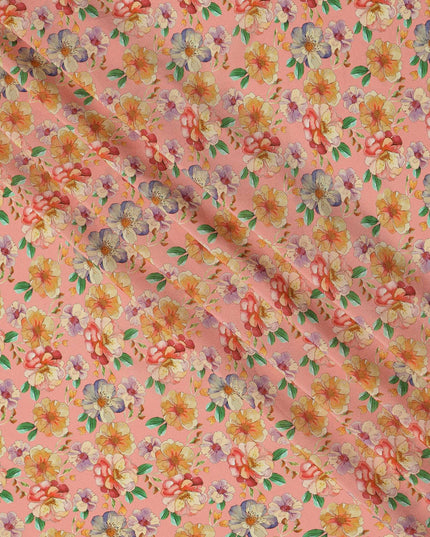 Peach Pink Floral Allover Print Premium Silk Crepe Fabric, 110 Cms, India-D26879