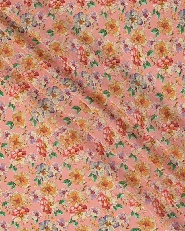 Peach Pink Floral Allover Print Premium Silk Crepe Fabric, 110 Cms, India-D26879