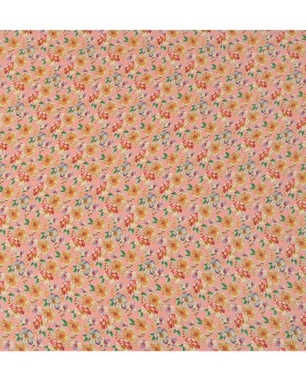 Peach Pink Floral Allover Print Premium Silk Crepe Fabric, 110 Cms, India-D26879