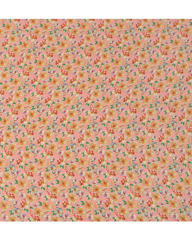 Peach Pink Floral Allover Print Premium Silk Crepe Fabric, 110 Cms, India-D26879