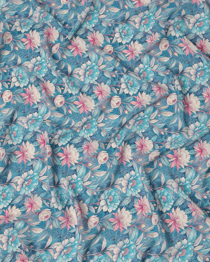 Sky Blue Floral Botanical Print Premium Silk Crepe Fabric, 110 Cms, India-D26880