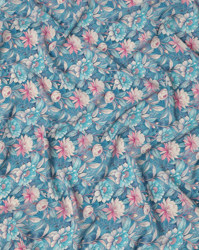 Sky Blue Floral Botanical Print Premium Silk Crepe Fabric, 110 Cms, India-D26880