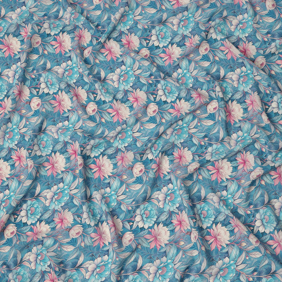 Sky Blue Floral Botanical Print Premium Silk Crepe Fabric, 110 Cms, India-D26880