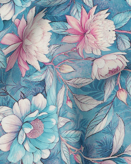 Sky Blue Floral Botanical Print Premium Silk Crepe Fabric, 110 Cms, India-D26880