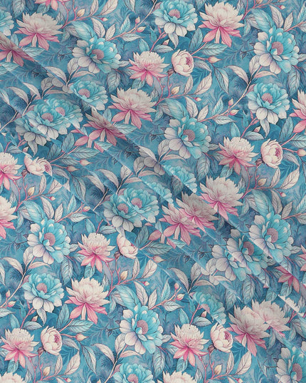 Sky Blue Floral Botanical Print Premium Silk Crepe Fabric, 110 Cms, India-D26880
