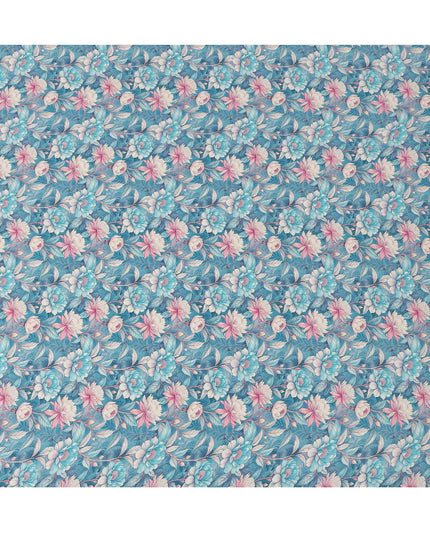 Sky Blue Floral Botanical Print Premium Silk Crepe Fabric, 110 Cms, India-D26880