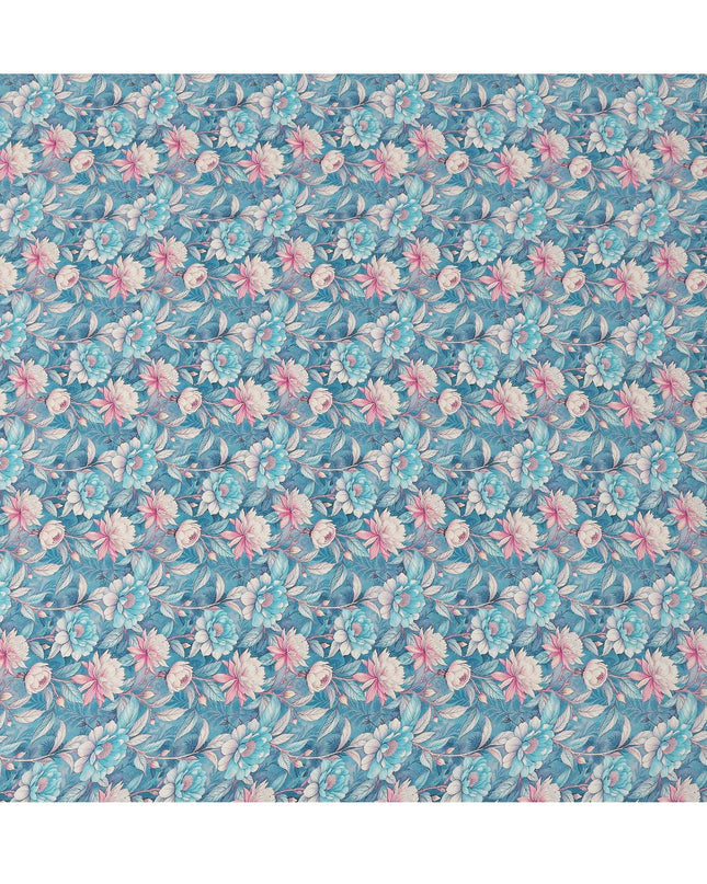 Sky Blue Floral Botanical Print Premium Silk Crepe Fabric, 110 Cms, India-D26880
