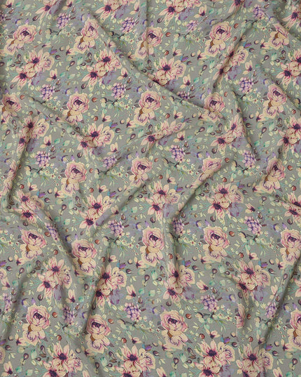 Grey Rose Floral Botanical Print Premium Silk Crepe Fabric, 110 Cms, India-D26875