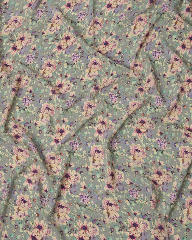 Grey Rose Floral Botanical Print Premium Silk Crepe Fabric, 110 Cms, India-D26875