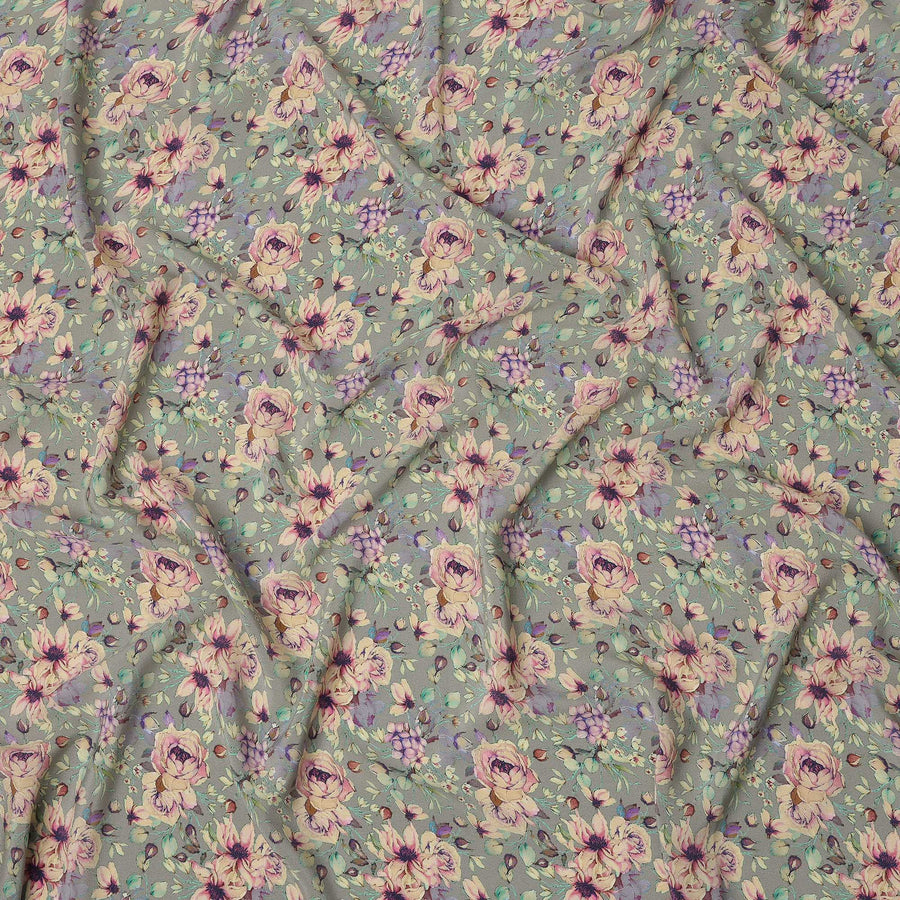 Grey Rose Floral Botanical Print Premium Silk Crepe Fabric, 110 Cms, India-D26875