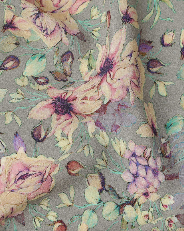 Grey Rose Floral Botanical Print Premium Silk Crepe Fabric, 110 Cms, India-D26875