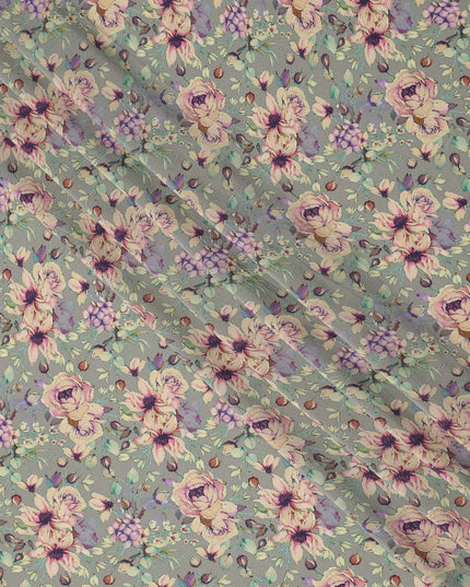 Grey Rose Floral Botanical Print Premium Silk Crepe Fabric, 110 Cms, India-D26875