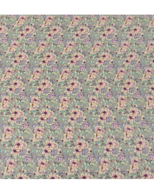 Grey Rose Floral Botanical Print Premium Silk Crepe Fabric, 110 Cms, India-D26875