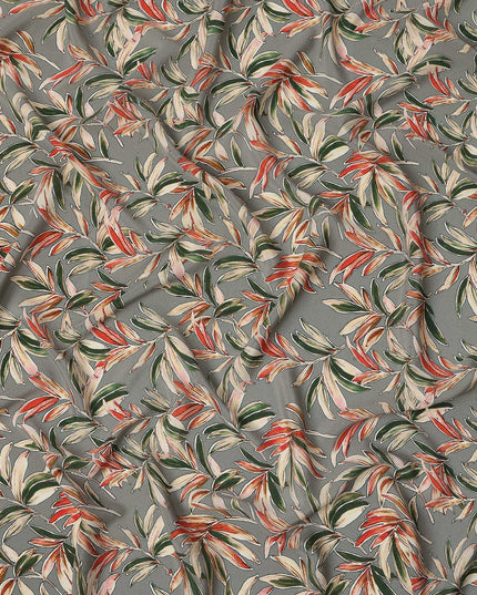 Grey Green Tropical Leaf Print Premium Silk Crepe Fabric, 110 Cms, India-D26874