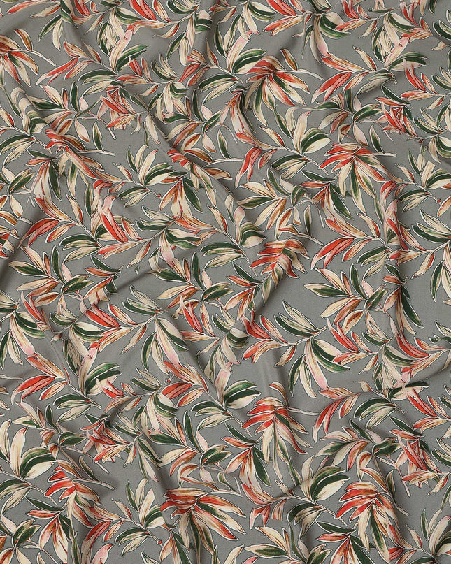 Grey Green Tropical Leaf Print Premium Silk Crepe Fabric, 110 Cms, India-D26874