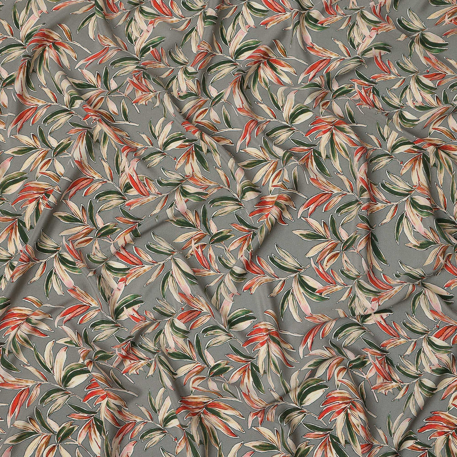Grey Green Tropical Leaf Print Premium Silk Crepe Fabric, 110 Cms, India-D26874